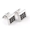 Boutons de manchette carrés argentés classiques avec insert grille noire pour chemise homme. - Style Carré à Carreaux (B1139) / 1 Paire/Pack