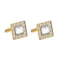 Boutons de manchette carrés dorés classiques avec cristaux de zircone blanche pour hommes. - Blanc