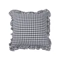 Detail shot of the black and white gingham checkered throw pillow with delicate ruffled edge. - Navy Check Ruffle