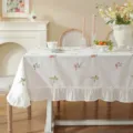 Elegant cotton floral embroidered tablecloth with delicate ruffle hem variant - Round 90cm / Embroidered 9-Color Flowers with Ruffled Edge (Waterproof)
