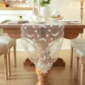 White and gold embroidered lace table runner with elegant star moon and floral wave edge design. - 35*160cm / Star & Moon Gold Border (Table Runner Only)