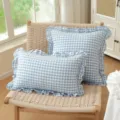 French pastoral blue white checkered throw pillow with ruffles, 100% cotton couch cushion cover. - Pillowcase (45*45) / Blue Checkered with Ruffles