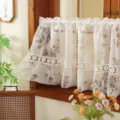 Cortina corta de jacquard floral vintage francés con empalme de encaje para ventana de cocina. - 150*60 (ancho x alto, panel único, barra no incluida) / Visillo floral + encaje (bolsillo para barra)