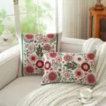 Decorative floral throw pillow cover with jacquard pattern for living room sofa 45x45cm - Green Stripes and Pink Flowers (Pink Fabric)