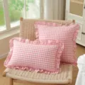 French pastoral pink gingham plaid ruffled cushion cover decorative pillow for sofa bed - Pillowcase (45*45) / Pink Plaid Ruffles