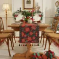 Tavola Runner Natale Jacquard Poinsettia Nappe Poliestere Decorazione Pranzo FESTA - Mondo floreale con nappe rosse e verdi (non lavabile in lavatrice) / 35*120cm