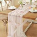 Vintage pink lace table runner with colorful floral embroidery, sheer mesh wedding dining decor. - 150*260 / Pink Mesh Embroidery