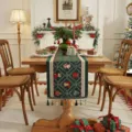 Runner da tavola natalizio jacquard decorazione festiva per tavolo da pranzo in poliestere. - Babbo Natale a rombi con nappe verdi (non lavabile in lavatrice) / 35*120cm