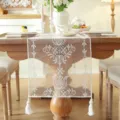 White lace table runner with floral embroidery and tassels for wedding home decor. - Lace Embroidered Ethnic Flowers (Table Runner Only) / 35*350cm