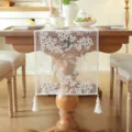 White sheer lace floral embroidered table runner with elegant tassels for dining table decor. - Lace Embroidered Floral (Table Runner Only) / 35*350cm