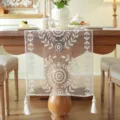 White lace table runner with floral embroidery and elegant tassels for dining table decor. - Lace Embroidered Circular Flowers (Table Runner Only) / 35*350cm