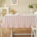 French pastoral style pink and white striped cotton tablecloth with elegant ruffled hem. - 153X180CM (410g) / Wide Pink Stripe with Ruffles