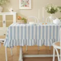 Blue white striped cotton tablecloth ruffle edge pastoral table cloth for dining decor - 153X180CM (410g) / Wide Blue Stripe with Ruffles