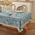 Nappe jacquard a fleurs vintage rectangulaire en coton polyester avec franges pour table - 140*220 / Fleurs et herbes bleu clair + gland dense