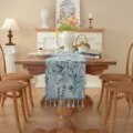 Amerikanischer Vintage Quasten Tischlaeufer Jacquard Blueten blaues Tischdeko Variant - Hellblau Flora + Blauer Quasten
