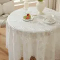 Nappe en dentelle blanche française coton brodé rond couverture de table pour mariage - Branches et fleurs 3D avec dentelle de 3 cm