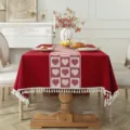 Nappe de table jacquard cœur rouge avec pompons rétro mariage housse de table à manger - 100x140 (Largeur x Longueur) / Cœur rouge foncé avec gland