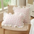 French cotton pink bow print throw pillow cover with elegant white ruffled edge design. - 45x45cm Pillowcase Only / Pink Bow Ruffle