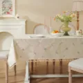 Beige cotton tablecloth with floral embroidery and tassel fringe for dining table decor. - 140x260cm / Lavender on Apricot Background with Tassels (Not Waterproof)