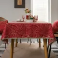 Red jacquard tablecloth with gold leaf pattern and lace trim for wedding and new year dining table. - 100x140 (320g) / Golden Branch and Jade Leaf with Gold Lace