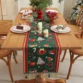 Festivo runner da tavola di Natale tessuto jacquard rosso e verde con nappe eleganti - 35x120cm / Sfondo Verde Ciambella con Nappe Verdi