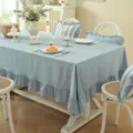 French pastoral light blue washed cotton tablecloth with ruffled edge and striped cushion set. - 153X180CM (410g) / Minimalist Blue with Ruffles