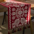 Red festive jacquard table runner with white ethnic floral pattern and tassels for dining table. - 35x300cm / Red Base Flower + Red Tassel