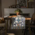 Modern minimalist geometric table runner with tassels, stylish fabric decor for dining table. - 35x300cm / Blue And White Porcelain + Blue Tassel
