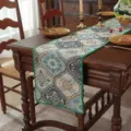 American vintage jacquard table runner with green scalloped edge for dining room home decor. - Large Irregular Shape with Green Scalloped Edge