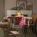 Red geometric jacquard table runner with tassels polyester festive dining home decor cloth - 35x300cm / Red Base Blue Blocks + Red Tassel