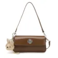 Brown patent leather shoulder bag for women, trendy chic crossbody bag with cute plush puppy charm. - Brown