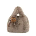 Sac à main duveteux hiver sac fourre tout peluche marron joli pendentif poupée femme - Avec Pendentif / Kaki