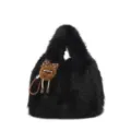 Black faux fur handbag winter fluffy tote bag with cute monster keychain charm for women - Black