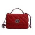 Red quilted chain shoulder bag, classic luxury style cross-body small square handbag. - Red