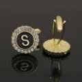 Gold tone letter S cufflinks with crystal rhinestones and black enamel design for formal wear men. - B1396-S Cufflinks