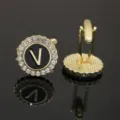 Gold-tone rhinestone letter V cufflinks, elegant black enamel men luxury cuff links - B1396-V Cufflinks