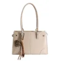 Sac à épaule en cuir beige pour femme, cabas élégant avec pendentif cœur léopard et grand. - Avec Pendentif / Blanc