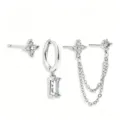 Silver plated rhinestone flower hoop and chain dangle earring set for women fashion jewelry - Clover Chain Geometric Earring Collection (TZ00621) / Silver