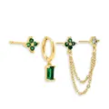 Gold Plated Three-Piece Earring Set Green Stone Clover Design Fashion Jewelry Set - Green Rhinestone Clover Geometric Earring Collection (TZ00622) / Gold