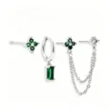 Silver green cubic zirconia four-leaf clover chain drop earring set stylish jewelry - Green Rhinestone Clover Geometric Earring Collection (TZ00622) / Silver
