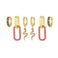 Boucles d'oreilles plaquées or avec zircone colorée, serpent tendance et créoles géométriques. - Set Boucles d'Oreilles Rectangle Serpent Strass Noir (TZ00173) / Or