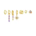 Gold-plated crystal hoop earrings set featuring elegant floral and purple drop pendants. - Gold / Golden Style (TZ00479)
