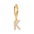 Detail shot of gold-plated alphabet letter K hoop earring adorned with sparkling clear cubic zirconia. - Letter K Style (EH00076-K)
