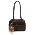 Sac bandoulière bowling marron foncé vintage pour femme avec poches avant et joli pendentif. - Avec Pendentif / Café