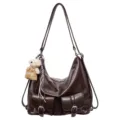 Sac à dos et bandoulière multifonction en cuir PU marron foncé vintage élégant. - Avec Pendentif / Café