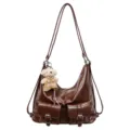 Sac bandoulière multifonction en cuir PU vintage grande capacité avec pendentif ours pour femme. - Avec Pendentif / Marron
