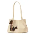 Sac à épaule crème pour femmes, cabas décontracté en cuir PU avec joli pendentif teckel. - Avec Pendentif / Blanc