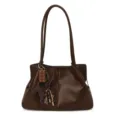 Sac à épaule en cuir marron pour femme, grand cabas fourre-tout tendance avec breloques - Avec Pendentif / Café