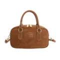 Stylish brown bowling handbag with top handles and shoulder strap for women daily wear. - No Pendant / Brown