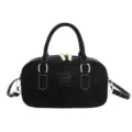Black bowling handbag with white stitching and gold hardware, stylish shoulder crossbody bag. - No Pendant / Black